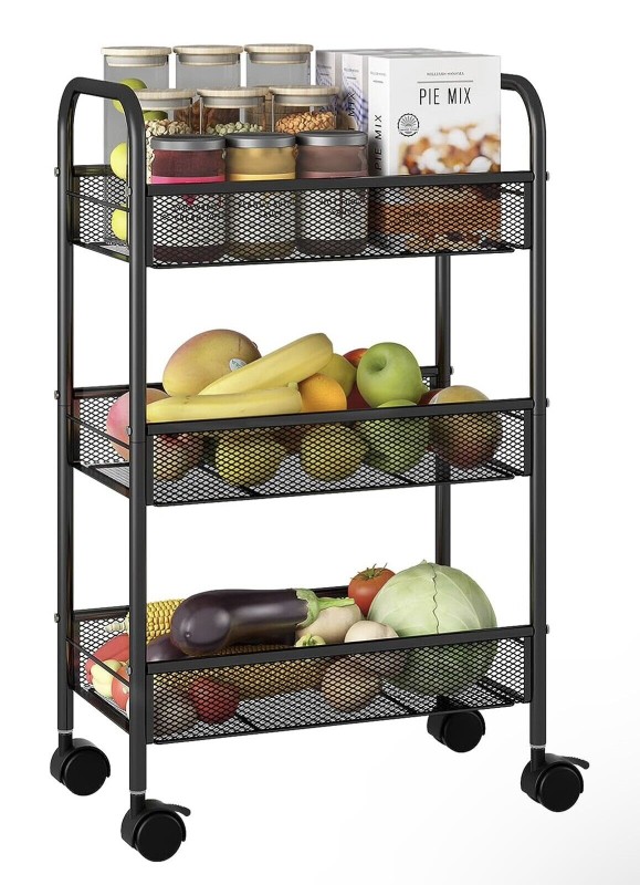 3 Tier Metal Rolling Storage Cart, Utility Organizer Storage Shelves, 4 Wheels