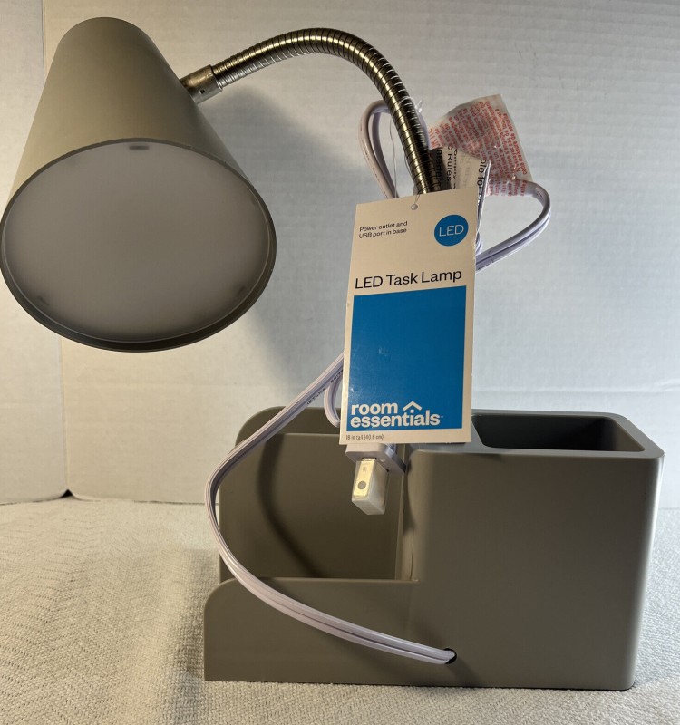 Room Essentials Organizer Task Desk Table LED Lamp, USB Port, Xtra Outlet New