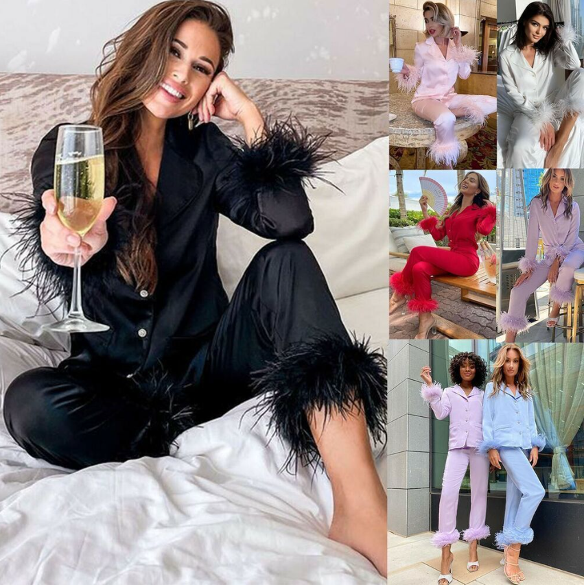 Women Feather Silk Long Sleeve Top+Pant 2 Piece Pajamas Set Sleepwear Nightwear